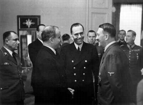 Hitler and Molotov with interpreter Gustav Hilger